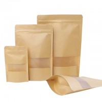 Kraft Paper Bag Stand Up Pouch With Window,Zipper Kraft Paper Stand Up Pouch Bag Packaging